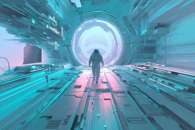 Digital sci-fi artwork of an astronaut walking through a futuristic cyan-lit tunnel or spaceship corridor toward a large circular doorway.