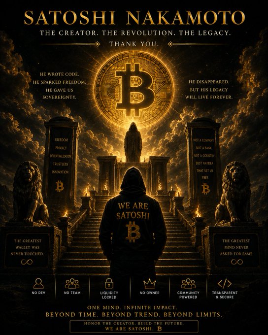 The image features a man standing at the top of a staircase, with a large golden coin placed above him. The caption reads "We Are Satoshi CA: 2jCVMBpXQFXquZ9p7LL4tePS7U6pzybG3gvSXNeVpump". This image is related to the post because it features a man wearing a black hoodie and standing on top of a staircase, which is described as "the creator. The revolution. The legacy." The golden coin above him symbolizes Satoshi's creation or invention of Bitcoin.