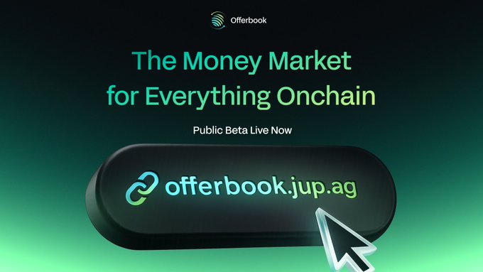 The image features an advertisement for OfferBook.jup.ag, which is a website that offers a fixed-term credit market for everything onchain. The text on the image reads "The Money Market for Everything Onchain Public beta Live Now". This suggests that the offerbook.jup.ag website is currently live and accessible to everyone who wants to participate in the fixed-term credit market.