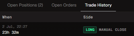 The image shows a "Trade History" tab displaying a LONG position on 2 Jul at 22:27, held for 23h 32m and marked as "MANUAL CLOSE," corresponding to the post's mention of an AI agent automatically taking profits on a $SOL long.