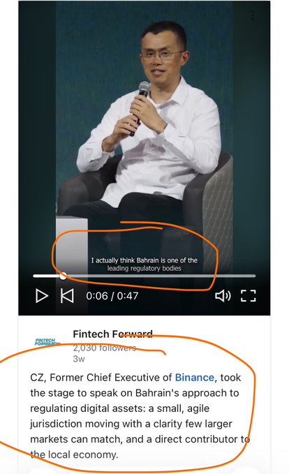 Video screenshot from Fintech Forward showing a man speaking into a microphone, with subtitles reading 'I actually think Bahrain is one of the leading regulatory bodies,' and a caption identifying him as 'CZ, Former Chief Executive of Binance.'