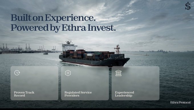 A promotional banner for Ethra Invest featuring a container ship at sea with text 'Built on Experience. Powered by Ethra Invest.' and three feature highlights: 'Proven Track Record', 'Regulated Service Providers', and 'Experienced Leadership'.