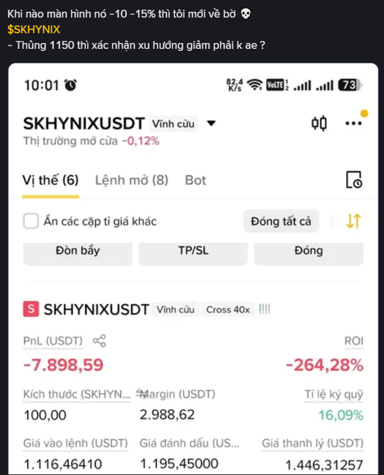 A Binance trading app screenshot showing a $SKHYNIXUSDT perpetual futures position with a PnL of -7,898.59 USDT and an ROI of -264.28%, accompanied by Vietnamese text questioning the downtrend.