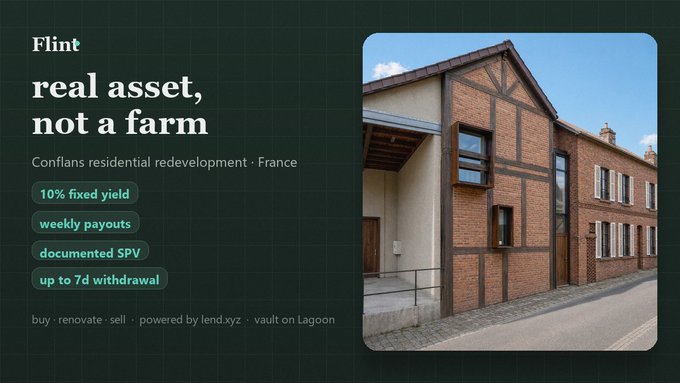 The image shows a green screen with white text that reads "Flint Real Asset, Not a Farm" and provides information about a property development project in France. The text also mentions that there are 10% yield on stables for this operation, which is not another emission loop what got me: documented deal on Lend + withdrawals within." This suggests that the image might be related to real estate or property development, possibly discussing a project in France involving the purchase and renovation of properties.