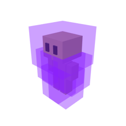 A simple purple voxel/block style 3D character resembling Among Us crewmate, isolated on a white background.