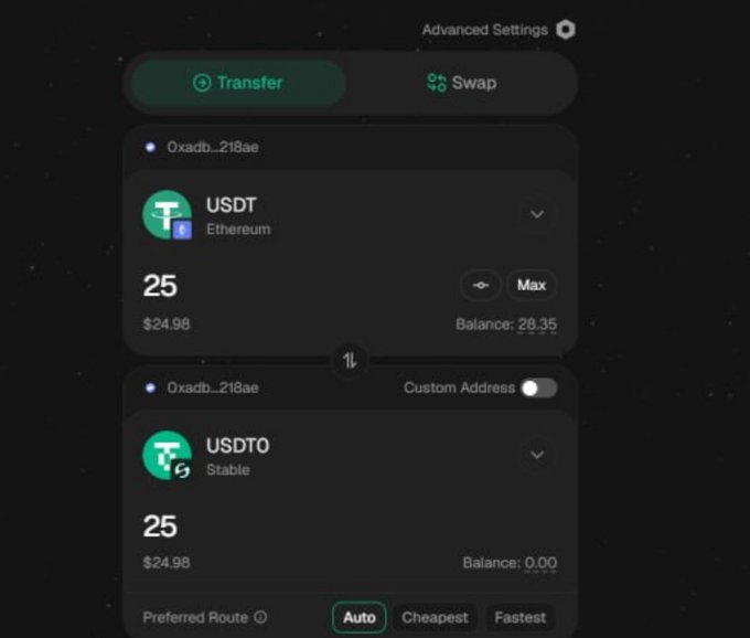 A cryptocurrency wallet interface showing a Transfer tab with options to send 25 USDT (Ethereum, balance 28.35, ~$24.98) to a USDT0 (Stable) address, with Preferred Route settings for Auto, Cheapest, or Fastest.