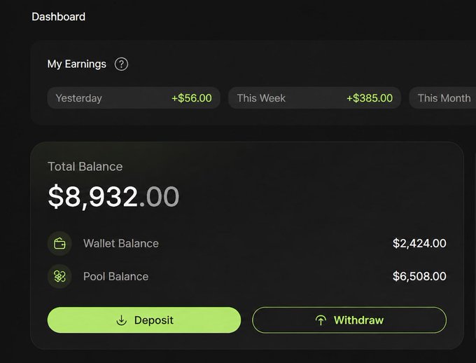 A dark-themed dashboard showing earnings with '+ $56.00' yesterday, '+ $385.00' this week, and a total balance of $8,932.00, with Deposit and Withdraw buttons.