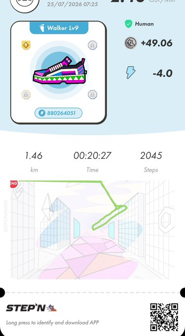 A STEPN activity card for user 'sinteger' featuring a 'Walker Lv9' sneaker, showing a Human move earning +49.06 GST, with stats of 1.46 km, 00:20:27 Time, and 2045 steps.