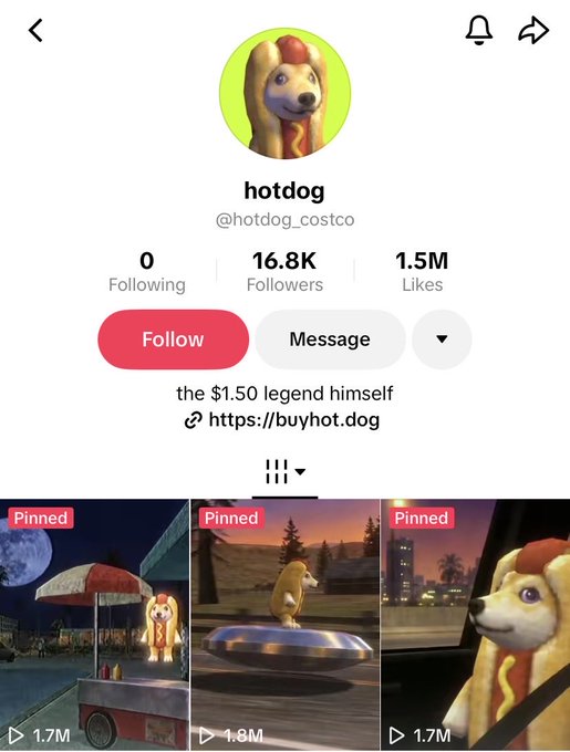 A TikTok profile page for the account 'hotdog' (@hotdog_costco) showing 16.8K followers, 1.5M likes, with the bio 'the $1.50 legend himself' and a link to buyhot.dog, along with three pinned videos.