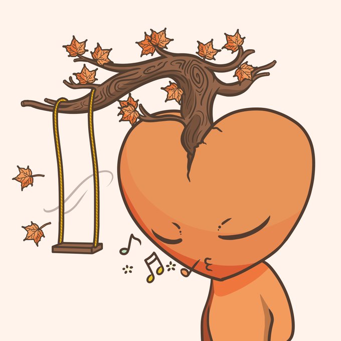 A cartoon character with an orange, heart-shaped head hums peacefully as autumn leaves drift from a wooden tree branch that serves as both canopy and swing, complete with a hanging rope seat and music notes floating nearby. The whimsical illustration captures the joyful, carefree emotion described in the post—the simple bliss of a collector finally seeing a treasured piece materialize in their wallet.
