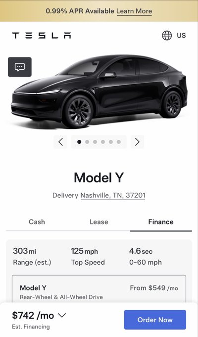 A screenshot of the Tesla website showing a Model Y priced at $549/month (or $742/mo est. financing) in Nashville, TN. The image directly illustrates the post's theme of financing a luxury purchase, highlighting the monthly payment rather than the total cost of the vehicle.