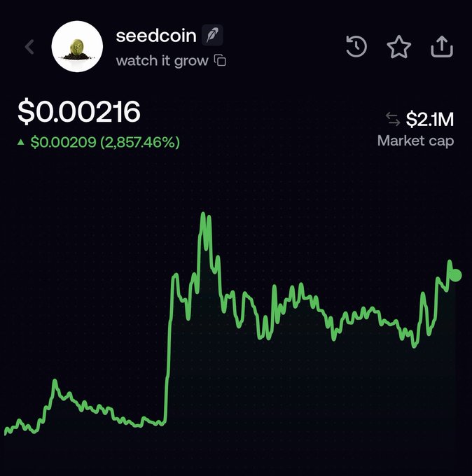 The image shows a crypto price chart for "seedcoin" with the tagline "watch it grow," displaying a current price of $0.00216 (up 2,857.46% from $0.00209) and a market cap of $2.1M, with the green line showing a sharp spike followed by sustained growth. The chart visually reinforces the post's wordplay about not missing FOMO's "seed round" investment opportunity, while playfully suggesting seedcoin itself is the new early-stage "seed round" investment to catch before it grows further.