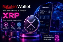 An advertisement for Rakuten Wallet promoting XRP cryptocurrency, featuring a smartphone displaying a $250.00 balance and text 'XRP - Fast. Reliable. Borderless.'