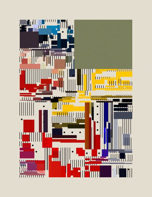 An abstract geometric digital painting composed of fragmented pixelated blocks in red, yellow, green, blue, and black lines.