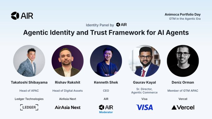 The image is a promotional graphic for the AIR Identity Panel at Animoca Portfolio Day, themed "Agentic Identity and Trust Framework for AI Agents" and moderated by AIR CEO Kenneth Shek. It features headshots and titles of the five panelists: Takatoshi Shibayama (Ledger Technologies), Rishav Rakshit (AirAsia Next), Kenneth Shek (AIR), Gaurav Kayal (Visa), and Deniz Orman (Vercel).