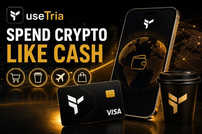 A promotional graphic for useTria featuring a black Visa card, smartphone displaying a digital wallet interface with a globe, and a branded coffee cup alongside icons for shopping cart, coffee, airplane, and shopping bag, with the bold tagline "SPEND CRYPTO LIKE CASH." The image visually reinforces the post's message by showcasing how useTria's crypto payment solution seamlessly integrates into everyday purchases like coffee and shopping, making Web3 adoption feel as simple and invisible as traditional cash transactions.