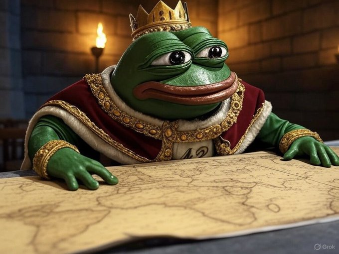 King Kekius, depicted as a crowned Pepe the Frog in royal attire, gazes intently at an aged map spread before him, symbolizing his next journey to Kekhalia alongside the $KM token as announced in the post.