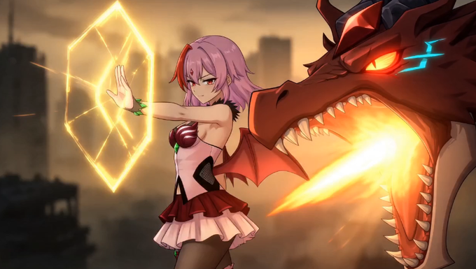 An anime-style girl with pink hair conjures a glowing golden shield while a fierce red dragon breathes fire behind her, set against a hazy cityscape. The image showcases the visually striking action gameplay of a platform game built on the $S blockchain, illustrating the type of content being promoted.