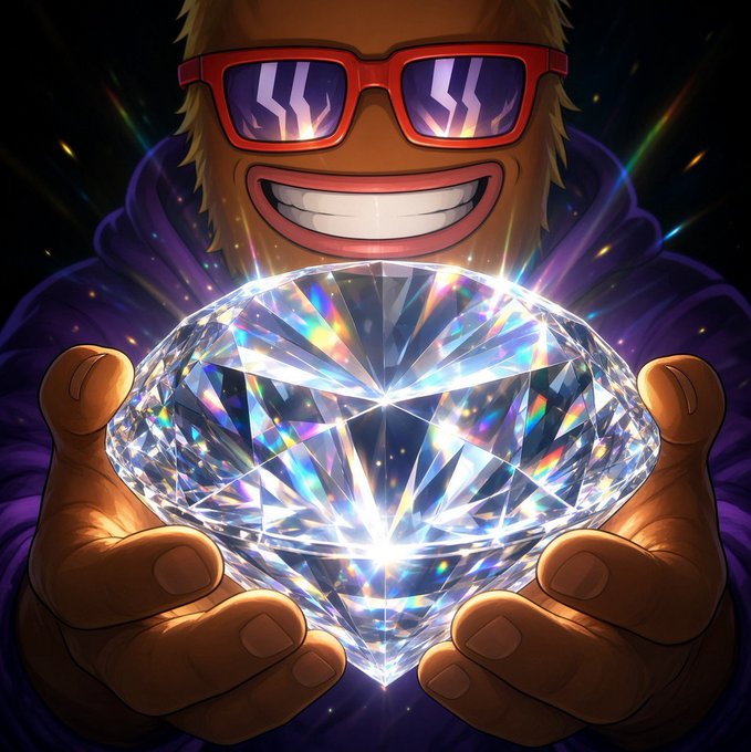 An illustrated figure wearing red sunglasses and a purple hooded cloak holds a massive, brilliantly sparkling diamond, with light rays emanating from the gem.