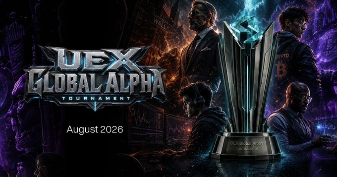 A promotional banner for the "UEX Global Alpha Tournament" scheduled for August 2026, featuring a large championship trophy alongside imagery of professional traders analyzing screens with cryptocurrency and financial market visuals in the background. The image ties directly to the post about rallying the community to secure Bali travel tickets, as the UEX tournament appears to be the event offering this overseas incentive, with only 3 days remaining until the CFD competition leg begins.