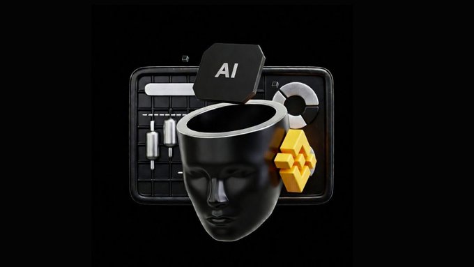 A stylized 3D image features a black human head with its top open, labeled 'AI', alongside golden 3D bars and digital interface elements.