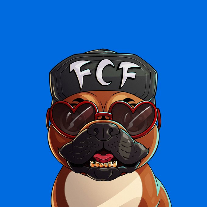 A cartoon bulldog mascot wearing a black cap with "FCF" lettering and red heart-shaped sunglasses against a bright blue background, likely representing the FCF brand in a playful promotional graphic for the Unvault trading pause and upcoming GTD pass mint announcement.