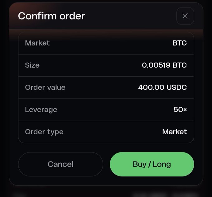 A trading app 'Confirm order' screen for BTC market order: Size 0.00519 BTC, Order value 400.00 USDC, Leverage 50×, Order type Market, with Cancel and Buy/Long buttons.