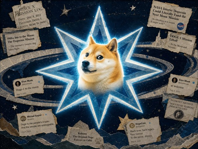 A collage celebrating Dogecoin's space missions, featuring a Shiba Inu dog face inside a glowing blue star. Surrounding the star are news clippings and tweets from SpaceX, NASA, Elon Musk, Michael Saylor, and Dogecoin accounts referencing 'DOGE-1 to the moon' and 'Shiba Inu to the Moon'.