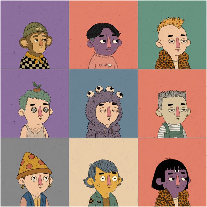 A 3x3 grid of nine cartoon portraits, each featuring a unique character with distinct hair, hats, and facial features against colored backgrounds.