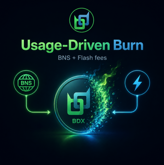 A digital graphic titled 'Usage-Driven Burn' with the subtitle 'BNS + Flash fees', showing a central BDX token being flanked by a BNS icon and a flash/lightning icon, with arrows pointing toward the center amid green and blue flame-like energy.