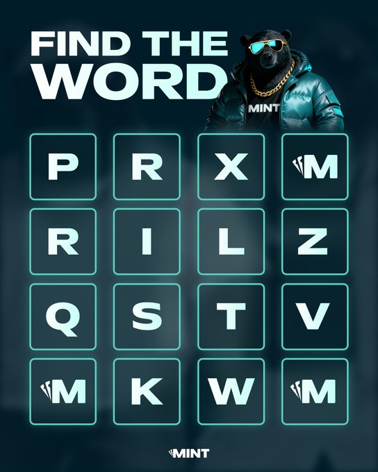 The image features a word search puzzle with blue squares containing letters, including "R", "I", "S", "K", "W", "M", and "N". The words are related to the theme of a music video for a hipster musician named Mint. The puzzle is designed to be fun and engaging, encouraging players to find the right words within the grid.