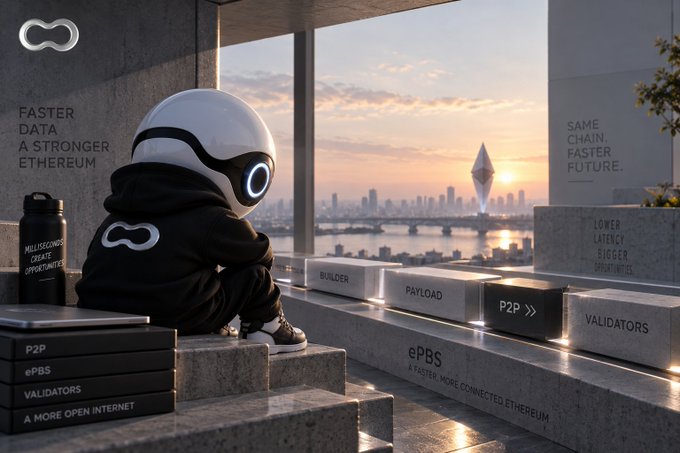 A promotional image featuring a figure in a white astronaut helmet sitting on concrete steps overlooking a city at sunset, advertising ePBS with text highlighting faster data, lower latency, and P2P validators.