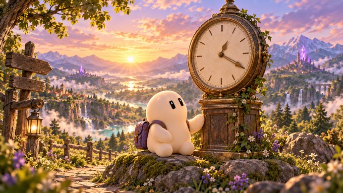 A cute round white character with a backpack sits on mossy rocks beside a large ornate clock, gazing at a fantasy landscape with mountains, waterfalls, and sunset skies.