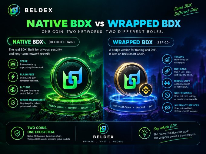 An infographic comparing 'NATIVE BDX' (Beldex Chain) and 'WRAPPED BDX' (BEP-20), highlighting their different functions with the tagline 'Same BDX. Different Jobs.'