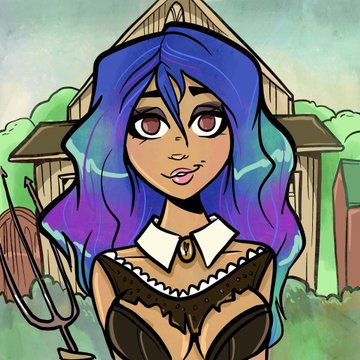 The image features a woman with blue hair wearing a black dress and top hat, standing next to a house. She has a large ponytail and is smiling at the camera. The background includes trees and bushes, creating an outdoor setting for the scene. The caption of the image reads "DOUBLE VIXEN GRAB Our newest member of the Custom Club, the lovely @CodesHunterX collected two Vixens from yesterday's drop, beyond thankful to witness!!! Thank you so very much for the outstanding love and support shown for the Vixens, we’re all so very grateful to have you".