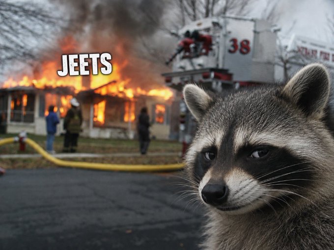 A raccoon watches smugly in the foreground as a house burns behind it, with the word "JEETS" overlaid on the flames near a fire truck labeled "38"—mocking those who sold or doubted the crypto call, framing the house fire as the fate of skeptics while the raccoon (and the whale referenced in the post) profit from $JIMOTHY's surge to $26M.