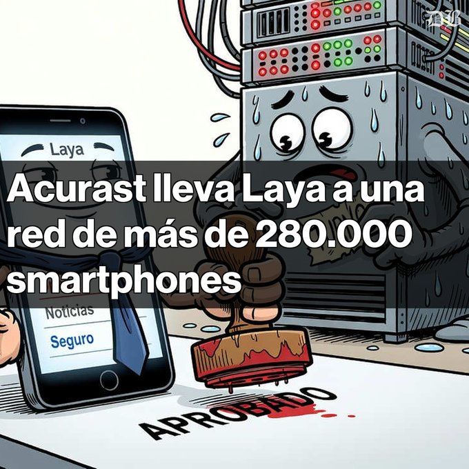 A cartoon depicting a smartphone character labeled 'Laya' standing next to a sweating server stamp, with Spanish text 'Acurast lleva Laya a una red de más de 280.000 smartphones'.