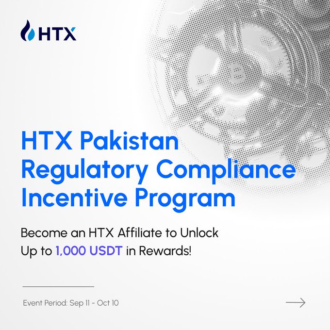 A promotional graphic for the "HTX Pakistan Regulatory Compliance Incentive Program," inviting users to become HTX Affiliates to unlock up to 1,000 USDT in rewards, with the event running from Sep 11 to Oct 10 and featuring the HTX logo alongside a stylized halftone face illustration.