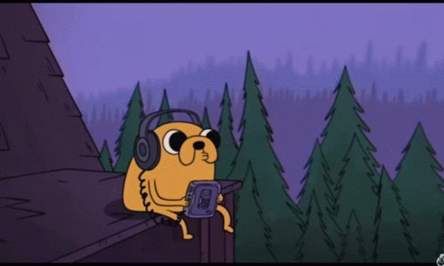 iced coffee with a straw, yellow dog on roof, and purple sky, accompanied by trees and mountains in the background.