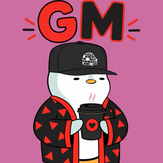 A cartoon illustration on a pink background of a penguin wearing a black cap and red triangle-patterned robe, holding a steaming coffee cup with "GM" (Good Morning) displayed in bold red and black letters above.