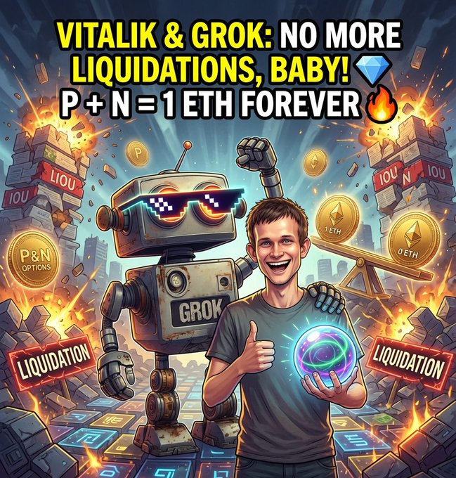 The image features a man standing next to a robot with sunglasses and a ball in his hands. The man appears to be smiling, while the robot has its arms raised. They are both holding up a sign that says "VITALIK & GROK; NO MMORE LUXURY CRASHING BAGS LIKE BLACK Thursday". In addition to this, there is another sign below them that reads "P+N = 1ETH FOREVER", which seems to be related to the post about investing in cryptocurrency. The background of the image features a cityscape with buildings and explosions, creating an atmosphere of excitement and adventure.