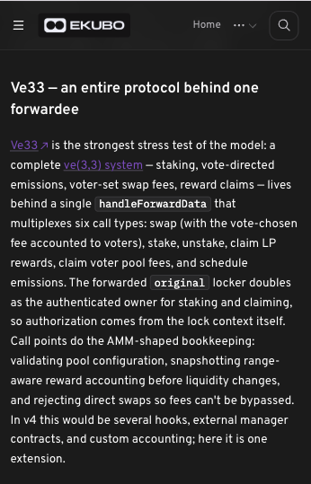 A screenshot from Ekubo Protocol's documentation explaining "Ve33 – an entire protocol behind one forwarder," which describes how a single `handleForwardData` function multiplexes six call types (swap with vote-chosen fees, stake, unstake, claim LP rewards, claim voter pool fees, and schedule emissions) — illustrating the post's point that Ekubo's "Extensions" use a flexible forwarding structure that achieves in one extension what Uniswap v4 would require multiple hooks and external contracts to accomplish.