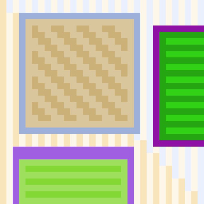 A colorful abstract digital illustration featuring geometric shapes including a tan square with a zigzag pattern, a purple-bordered green rectangle, and striped vertical elements in pastel tones.