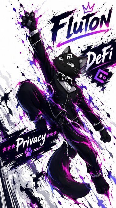 An anime-style black cat character in a tuxedo poses dynamically against a purple and black splatter background with the text 'Fluton', 'DeFi', and '***Privacy***'.