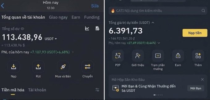 Two Binance cryptocurrency app screenshots in Vietnamese showing account balances of 113,438.96 USDT with a +6.68% daily profit and another wallet showing 6,391.73 USDT with +0.44% profit.
