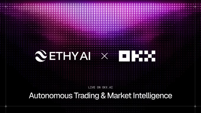 A promotional graphic with a purple pixelated background announces a partnership between "ETHYAI" and "OKX," featuring the text "LIVE ON OKX.AI" and "Autonomous Trading & Market Intelligence," visually representing the collaboration highlighted in the post about OKX's AI Marketplace for AI agents.