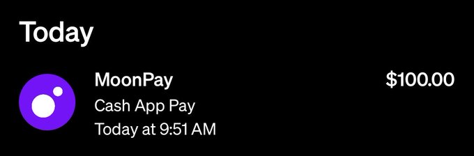 The image shows a Cash App transaction notification displaying a $100.00 payment to MoonPay at 9:51 AM today. This directly supports the post, as it documents the Cash App transfer used to fund the Solana (SOL) purchase through MoonPay.