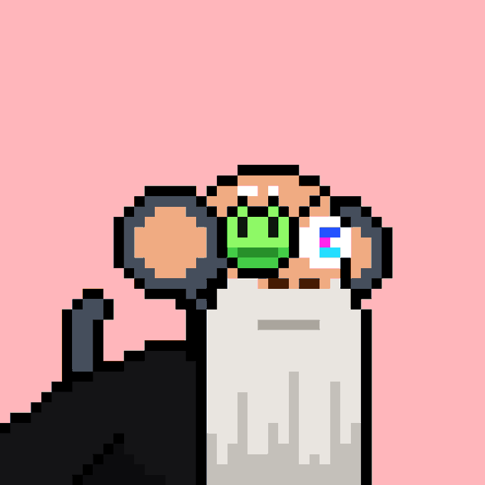 A pixel-art illustration of a green frog character in a white outfit holding a colorful object against a solid pink background.