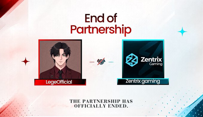 The image announces the "End of Partnership" between "LegeOfficial" (represented by an illustrated avatar) and "Zentrix Gaming," with text confirming "THE PARTNERSHIP HAS OFFICIALLY ENDED." This visually reinforces the post's announcement of LegeOfficial's resignation as Product Manager at Zentrix Gaming.
