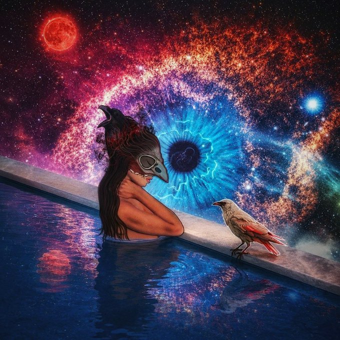 The image portrays a surreal scene where a woman stands near a pool, juxtaposed with a cosmic backdrop. The woman is wearing a plague doctor's mask with a modern fashion twist, which aligns with the "Threshold" theme, suggesting a boundary between reality and added world. The caption references a social media post offering limited prints of the image as NFTs, hinting at the digital and artistic value of this surreal work.